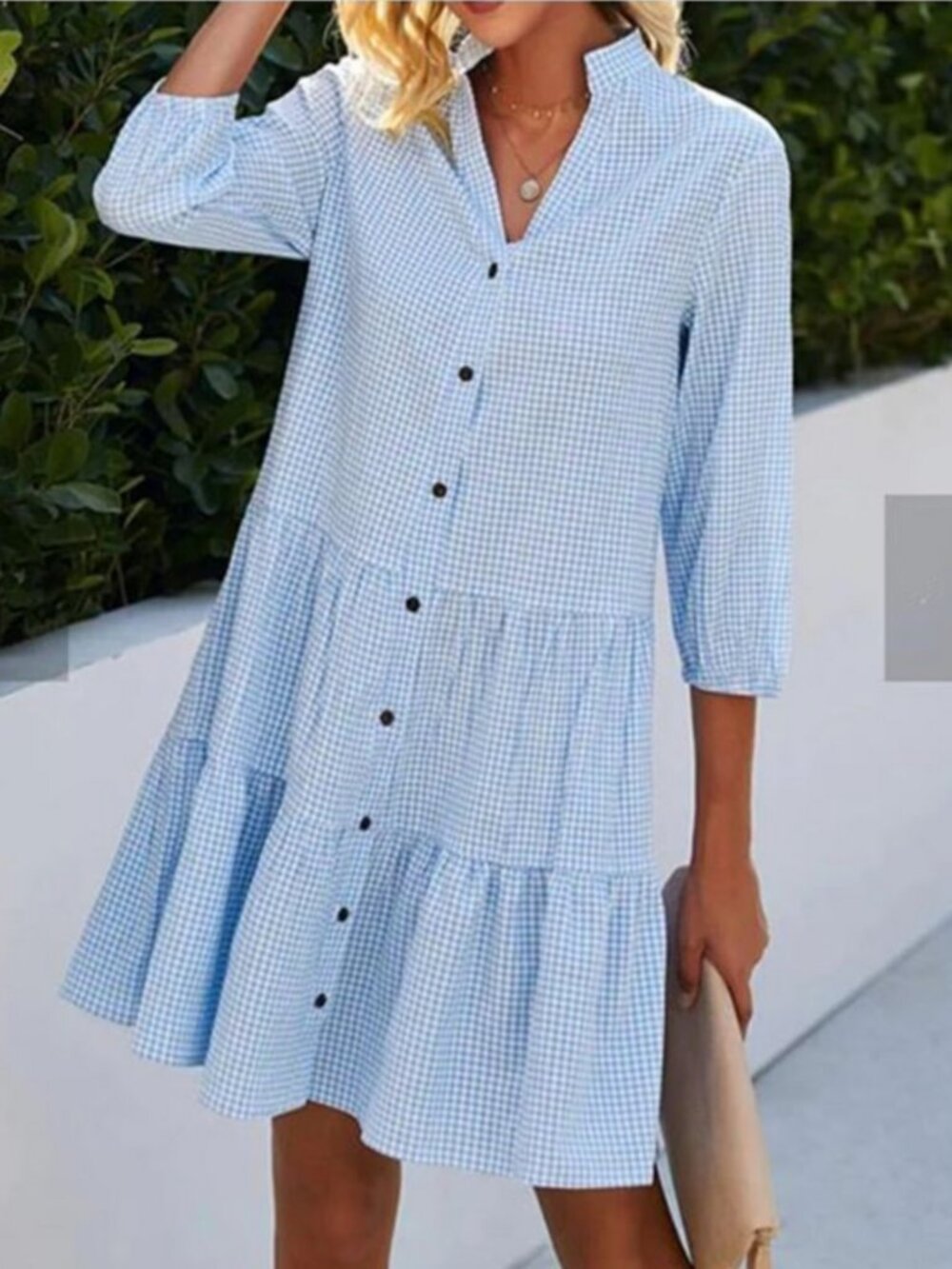 Sky Blue Plaid Print Button Front Three Quarter Sleeve Mock Neck Smock Dress